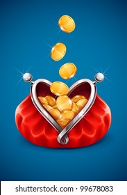 gold coin money dropping in open purse vector illustration EPS10. Transparent objects used for shadows and lights drawing