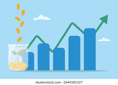 Gold coin in money jar with graph. Concept of saving money, financial retirement planning, growth business, high return investment, profits increase, money management flat vector illustration.
