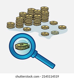 Gold coin money under magnifying glass with gold coins money Stack isolated on white background. Vector illustration.