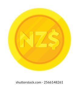 Gold coin with New Zealand dollar sign ($, NZ$). Economy, finance, investment, profit, money, NZD currency concept. Flat vector illustration isolated on white background	