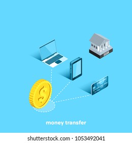a gold coin next to a laptop and a phone on a blue background, an isometric image