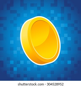 Gold coin on blue pixel background