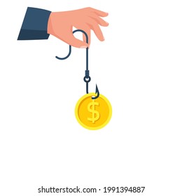 Gold coin on hook. Dollar bait. Money trap concept. Vector illustration flat design. Isolated on background. Financial bait. Greed concept.