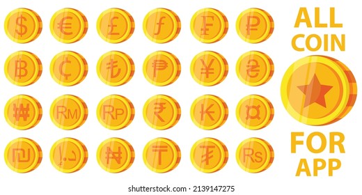 moneda de oro sobre fondo blanco, todas las monedas de diferentes países, conjunto de símbolos de moneda de oro iconos de monedas de todos los países para web o app. Ilustración vectorial plana.