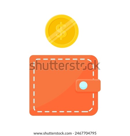 Gold coin and orange purse flat vector illustration isolated on white background