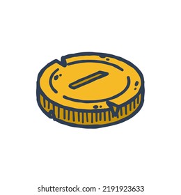 Gold coin. Outline cartoon Icon of money and treasure. Concept of earnings and wealth