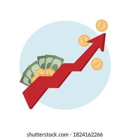 Gold coin and paper money in front and a graph with a red arrow top