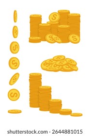 Gold coin pile cartoon style. Neat money piles, various bunche gold coins heap. Pennies hundreds, cash, accumulation finance bank. Isolated vector illustration