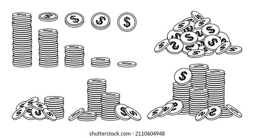 Umriss für Goldmünzen. Schöne Geldstapel, verschiedene Bromgoldmünzen Umriss-Heap. Symbole der Gebirgswährung. Pennies Hunderte Briefe, Bargeld, Akkumulierungsfinanzierung Bank. Doodle-Vektorgrafik