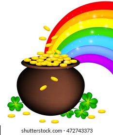 Gold coin pot with shamrock and rainbow. St. Patrick's day design for good luck