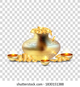 Gold coin pot(kalash) and illuminated oil lamps Realistic style Vector Isolated in png background Vector illustration.