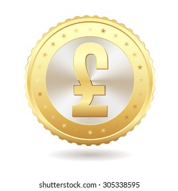 Gold coin with pound sign on white background