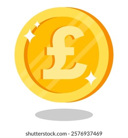 Gold coin with pound symbol floating and shining in a white background