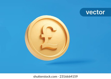 Gold coin pound uk currency money icon sign or symbol business and financial exchange on blue background 3D vector illustration