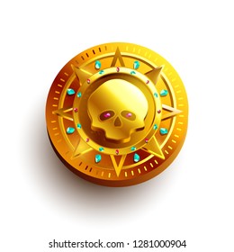 Gold coin with precious stones. Skull. Pirate coin.