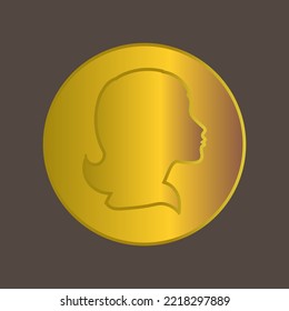 Gold coin with the profile of a beautiful woman, vector fashion illustration style