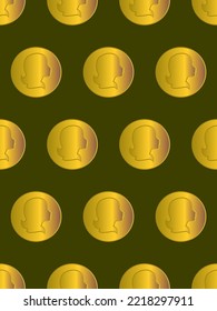 Gold coin with the profile of a beautiful woman, vector fashion illustration style, seamless pattern