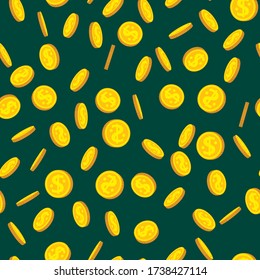 Gold coin rain flat cartoon seamless pattern. Bank currency sign coins flying in air. Hundreds cash bill. Money flying background, various pennies. American money float. Vector illustration