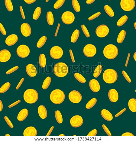 Gold coin rain flat cartoon seamless pattern. Bank currency sign coins flying in air. Hundreds cash bill. Money flying background, various pennies. American money float. Vector illustration