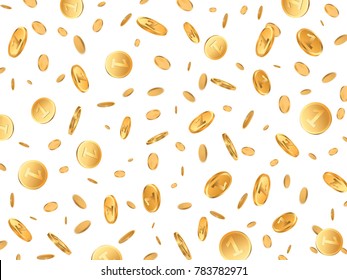 Gold Coin Rain with White Background. Wealth Concept Backdrop. Vector Illustration.