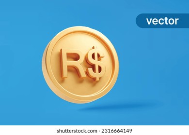 Moneda de oro moneda real moneda brasileña signo de icono o símbolo de negocio e intercambio financiero en fondo azul Ilustración vectorial 3D