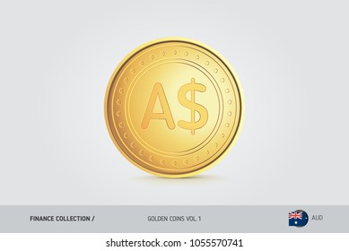Gold coin. Realistic golden Australian Dollar coin. Isolated object on background. Finance concept for websites, web design, mobile app, infographics.