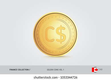 Gold coin. Realistic golden Canadian Dollar coin. Isolated object on background. Finance concept for websites, web design, mobile app, infographics.