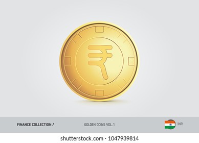 Gold coin. Realistic golden Indian Rupee coin. Isolated object on background. Finance concept for websites, web design, mobile app, infographics.