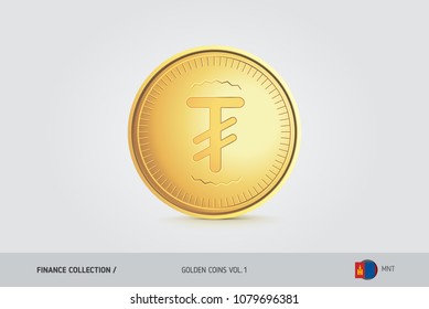 Gold coin. Realistic golden Mongolian Tugrik coin. Isolated object on background. Finance concept for websites, web design, mobile app, infographics.