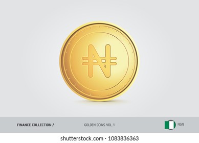 Gold coin. Realistic golden Nigerian Naira coin. Isolated object on background. Finance concept for websites, web design, mobile app, infographics.