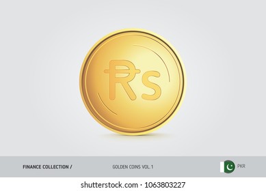 Gold coin. Realistic golden Pakistani Rupee coin. Isolated object on background. Finance concept for websites, web design, mobile app, infographics.