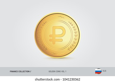 Gold coin. Realistic golden Russian Ruble coin. Isolated object on background. Finance concept for websites, web design, mobile app, infographics.