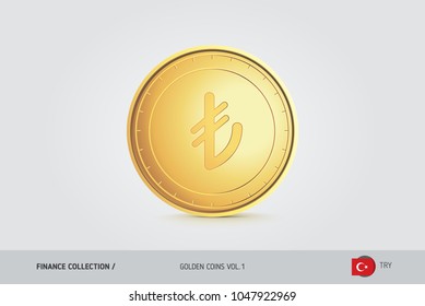 Gold coin. Realistic golden Turkish Lira coin. Isolated object on background. Finance concept for websites, web design, mobile app, infographics.