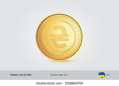 Gold coin. Realistic golden Ukrainian Hryvnia coin. Isolated object on background. Finance concept for websites, web design, mobile app, infographics.