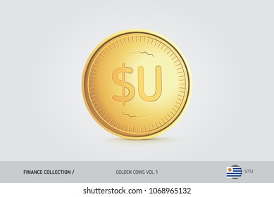Gold coin. Realistic golden Uruguayan Peso coin. Isolated object on background. Finance concept for websites, web design, mobile app, infographics.