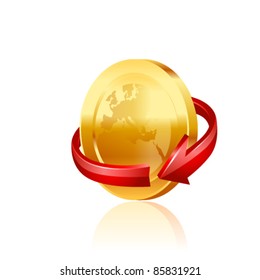Gold coin with red arrow. Vector