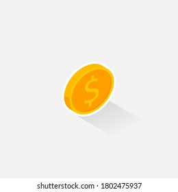 Gold coin right view White Stroke & Shadow icon vector isometric. Flat style vector illustration.