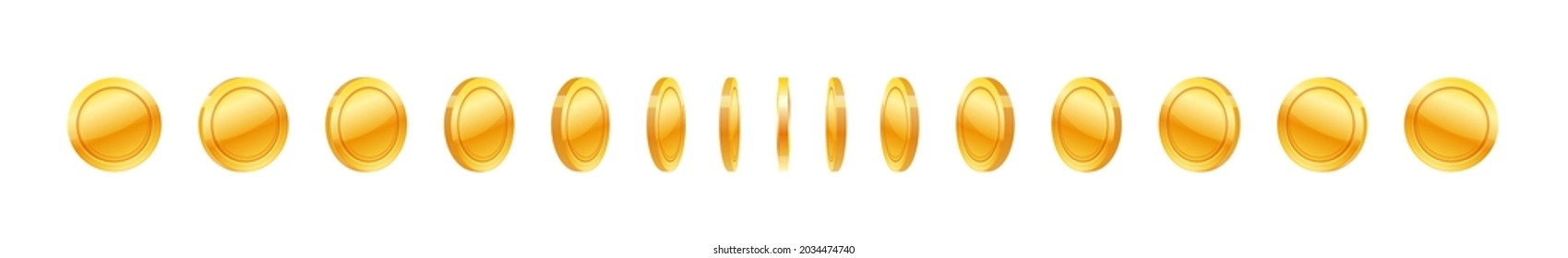 Gold coin in row, set of blank round money currency. Virtual treasure or e-money symbol. Business and economy, finance and ecommerce emblem. Penny vector illustration isolated on white