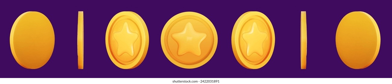 Moneda de oro ajustada en 3d. Dinero de juego en fondo oscuro. Moneda con estrella por premio y premio de juego. Ilustración vectorial 3d.