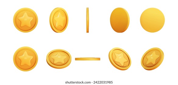 Gold Coin set 3d render different position. Game Money on white background. Coin with star for game reward and prize. Vector 3d illustration.