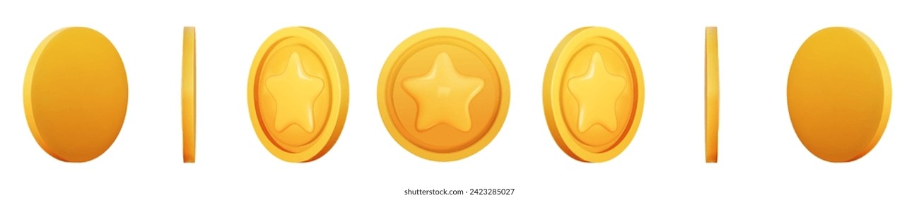 Gold Coin set 3d render different position. Game Money on white background. Coin with star for game reward and prize. Vector 3d illustration.