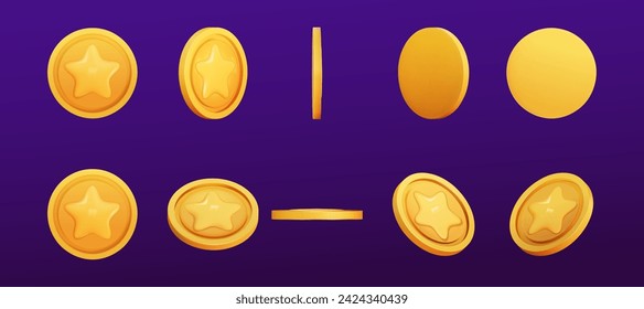 Gold Coin set 3d render. Game Money on dark background. Coin with star for game reward and prize. Vector 3d illustration.