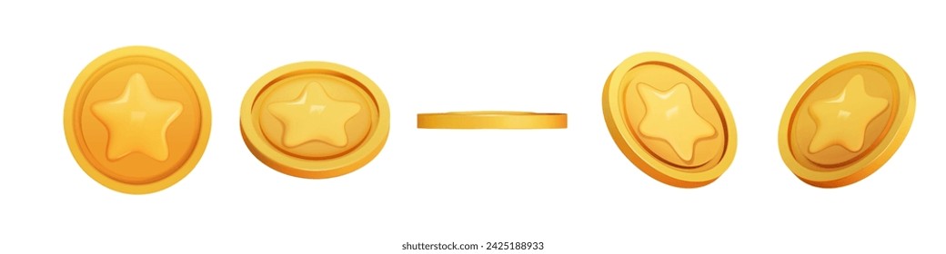 Gold Coin set 3d render different position. Game Money on white background. Coin with star for game reward and prize. Vector 3d illustration.