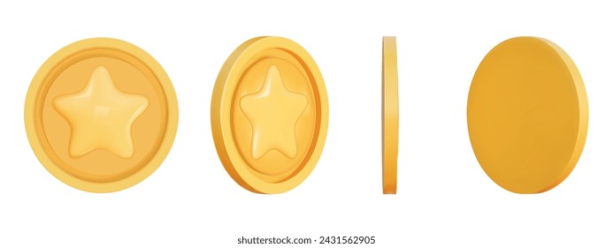 Gold Coin set 3d render. Game Money on white background. Coin with star for game reward and prize. Vector 3d illustration.