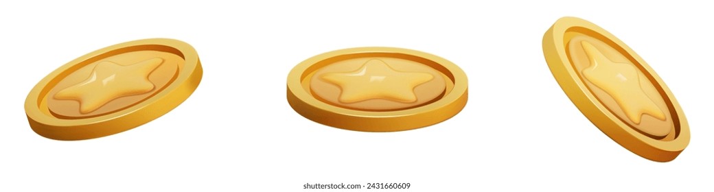 Gold Coin set 3d render. Game Money on white background. Coin with star for game reward and prize. Vector 3d illustration.