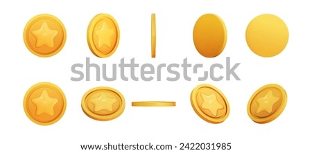 Gold Coin set 3d render different position. Game Money on white background. Coin with star for game reward and prize. Vector 3d illustration.