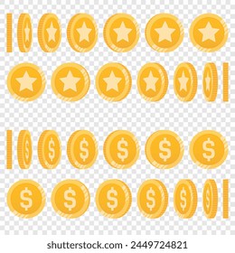 Gold coin set at different rotation angles for animation. Cartoon vector icons of spinning coins with a star or dollar sign. Isometric set of prizes or bonus points. Money flip and rotate animation.