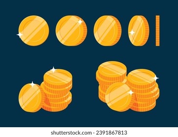 Gold coin set vector on dark background isolated. different angle coin suitable for animation.
