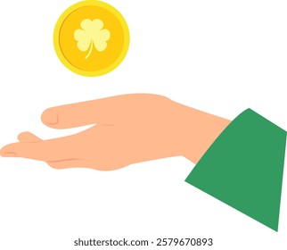 Gold coin with shamrock image above outstretched palm of hand wearing in green sleeve. Vector illustration with transparent background