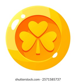 Gold coin with a shamrock on a white background. Coin with a clover, symbol of St. Patrick's Day, lucky money with a clover sign. Illustration for the design of a holiday poster, booklet, postcard.